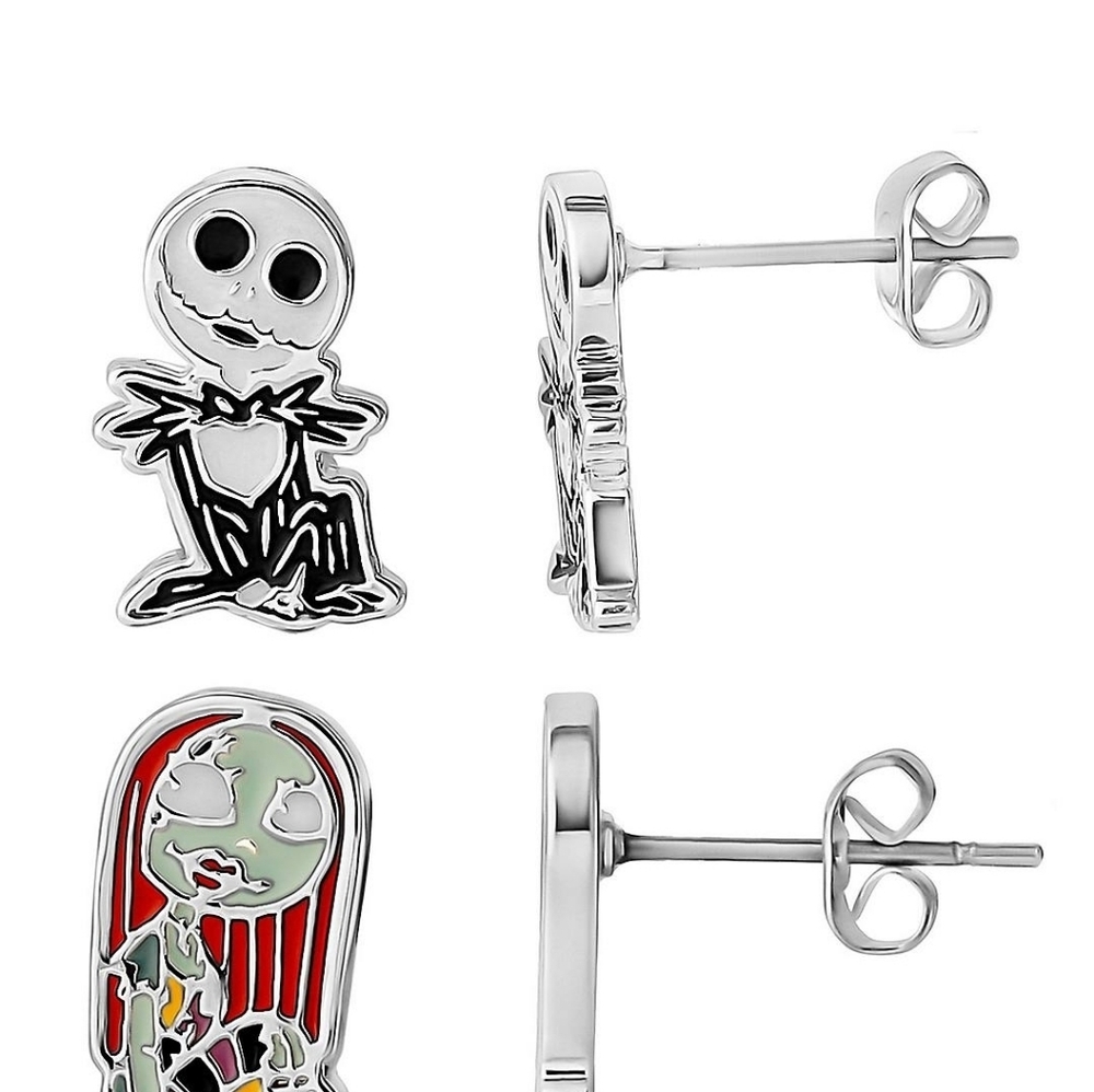 Disney Nightmare Before Christmas Stud Earrings Jack & Sally Silver Plated Nwt - Picture 4 of 4